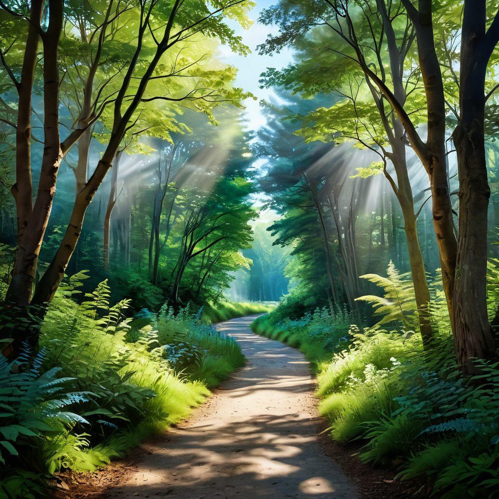 A serene landscape symbolizing hope, featuring a winding path through a lush forest that represents the cancer journey. Along the path, supportive hands reaching out, diverse individuals sharing resources and insights, with soft, luminous light breaking through the trees. Emphasize tranquil blues and lush greens to evoke a sense of healing and community. super-realistic. vibrant colors. peaceful atmosphere.
