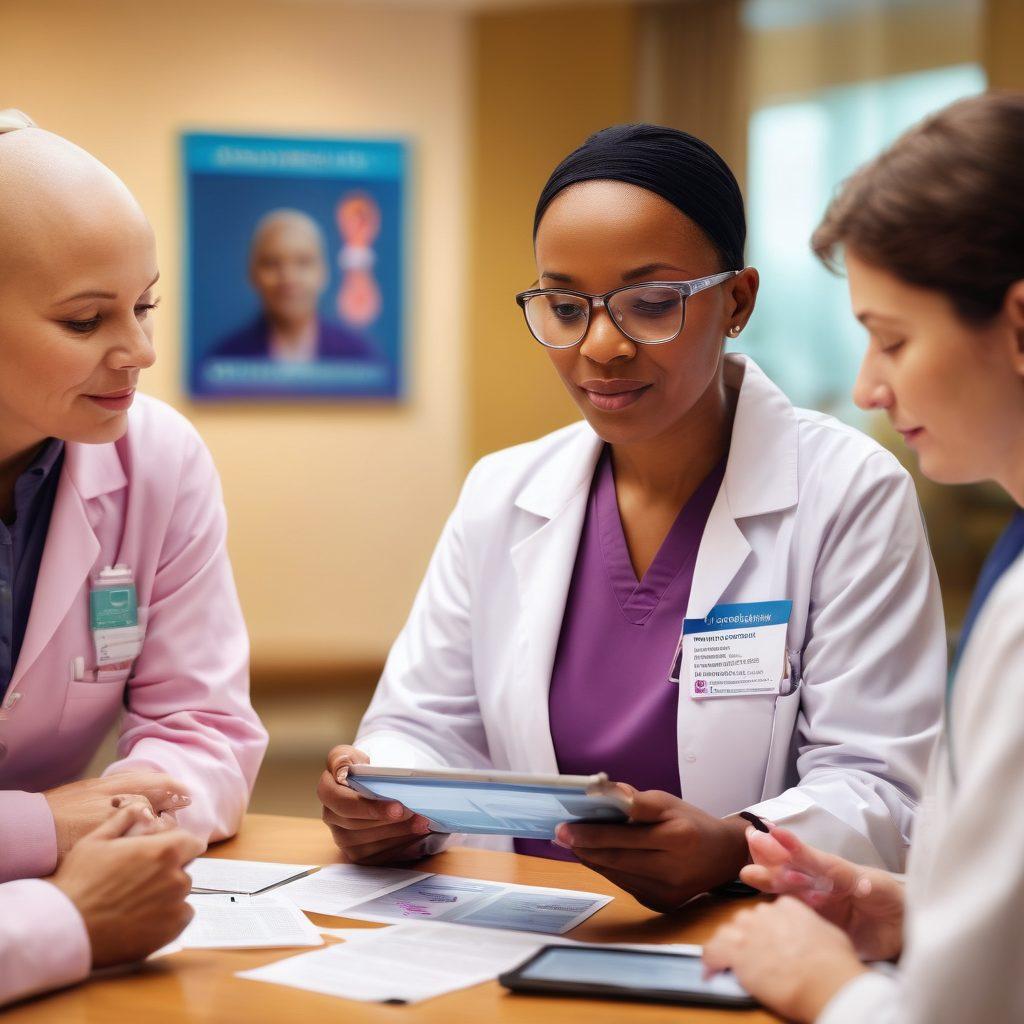 A compassionate healthcare professional engaging with a diverse group of patients, surrounded by informational resources like pamphlets and digital tablets highlighting current cancer therapies. A warm, inviting atmosphere with soft lighting and supportive expressions on faces, symbolizing empowerment and hope. Incorporate elements like cancer awareness ribbons and supportive community gatherings in the background. super-realistic. vibrant colors. soft focus.