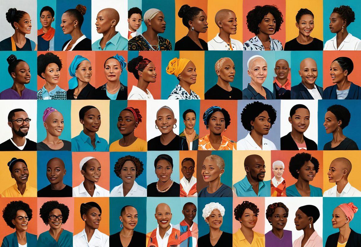 A collage of diverse individuals sharing their cancer journey, each story illustrated through expressive portraits, intertwined with powerful statistics in bold typography. The background features symbolic imagery such as ribbons, hands supporting each other, and vibrant colors representing hope and resilience. The scene conveys a transition from awareness to advocacy, evoking emotion and connection. super-realistic. vibrant colors. white background.